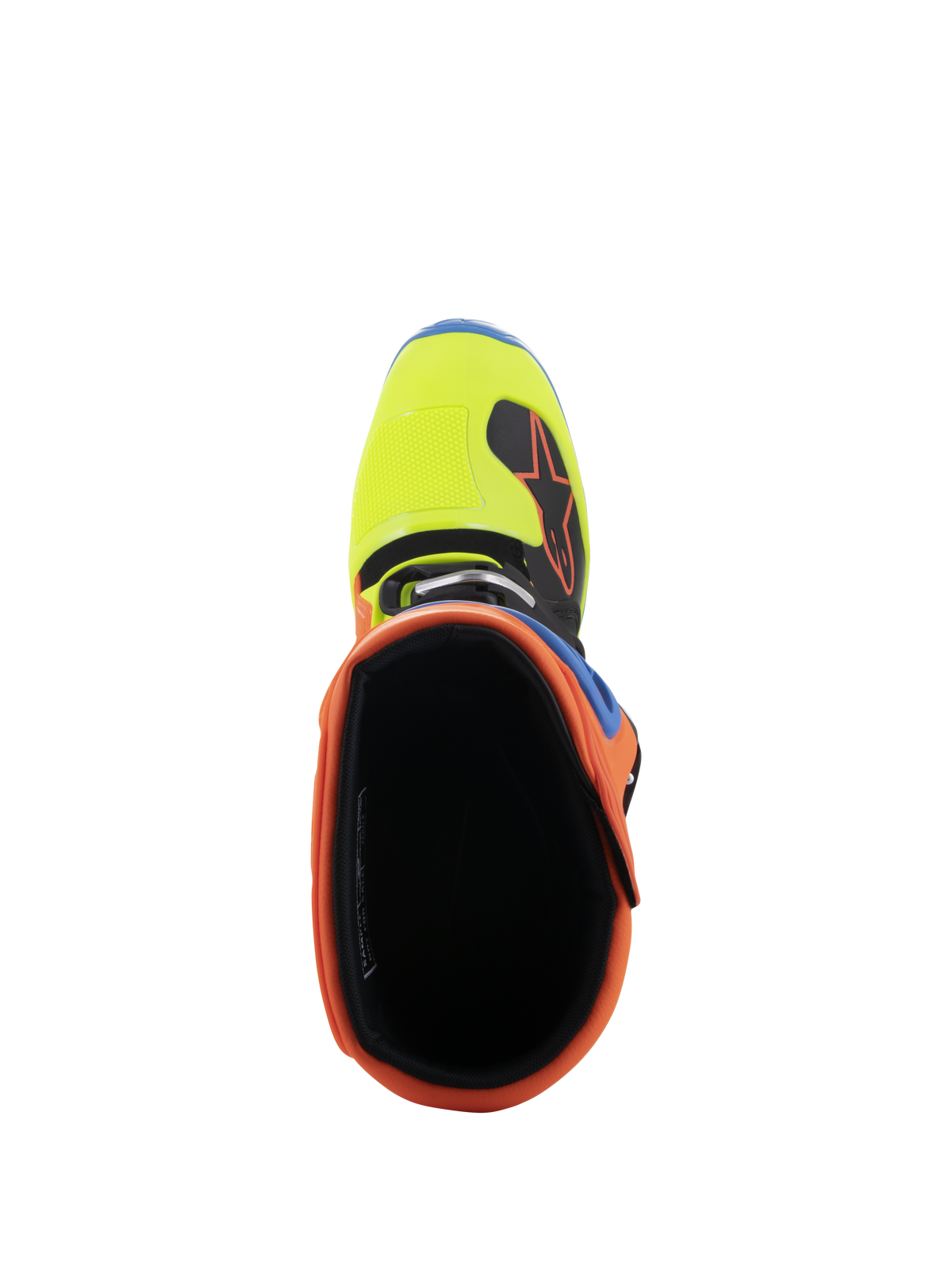 Alpinestars Tech 5 Stiefel, Draufsicht mit Blick in die Öffnung, mit leuchtendem Orange Fluo-Kragen und Yellow Fluo-Zehenbox, schwarzes Innenfutter, strapazierfähiges Offroad-Motocross-Schuhwerk