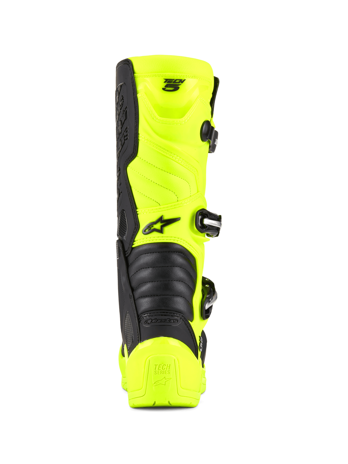 Alpinestars Tech 5 Stiefel, Motocross- und Off-Road-Stiefel, Gelb Fluo und Schwarz, Rückansicht mit Fersenschutz, Schnallenverschlusssystem und Akkordeon-Flexzonen, professionelles Design für Rennsport-Schuhe