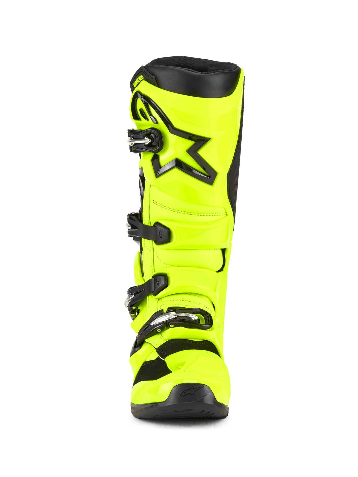 Alpinestars Tech 5 Stiefel, Motocross-Stiefel, Gelb Fluo und Schwarz, Vorderansicht mit einem Vier-Schnallen-Verschlusssystem, verstärkter Schienbeinplatte mit schwarzem Stern-Logo und einer strapazierfähigen Multi-Material-Konstruktion für den Offroad-Rennsport