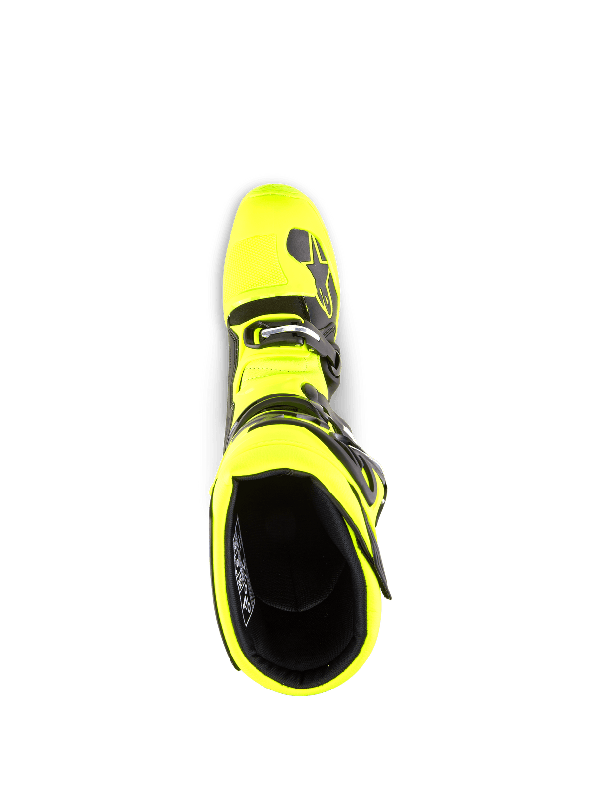 Alpinestars Tech 5 Stiefel, Motocross-Stiefel, Gelb Fluo und Schwarz, Draufsicht mit Blick in die Stiefelöffnung, mit schwarzem Innenfutter, Schnallensystem und Markenakzenten, konzipiert für Offroad-Performance
