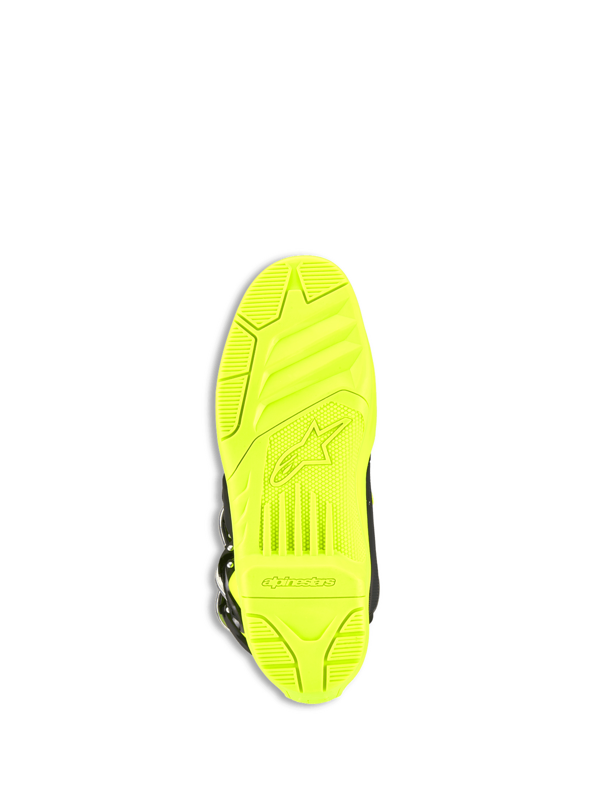 Alpinestars Tech 5 Stiefel, Motocross-Stiefel, Gelb Fluo, Unteransicht der Sohle mit griffigem Strukturprofil, geprägtes Alpinestars-Logo und Schriftzug, langlebige Zweikomponenten-Konstruktion für den Offroad-Einsatz
