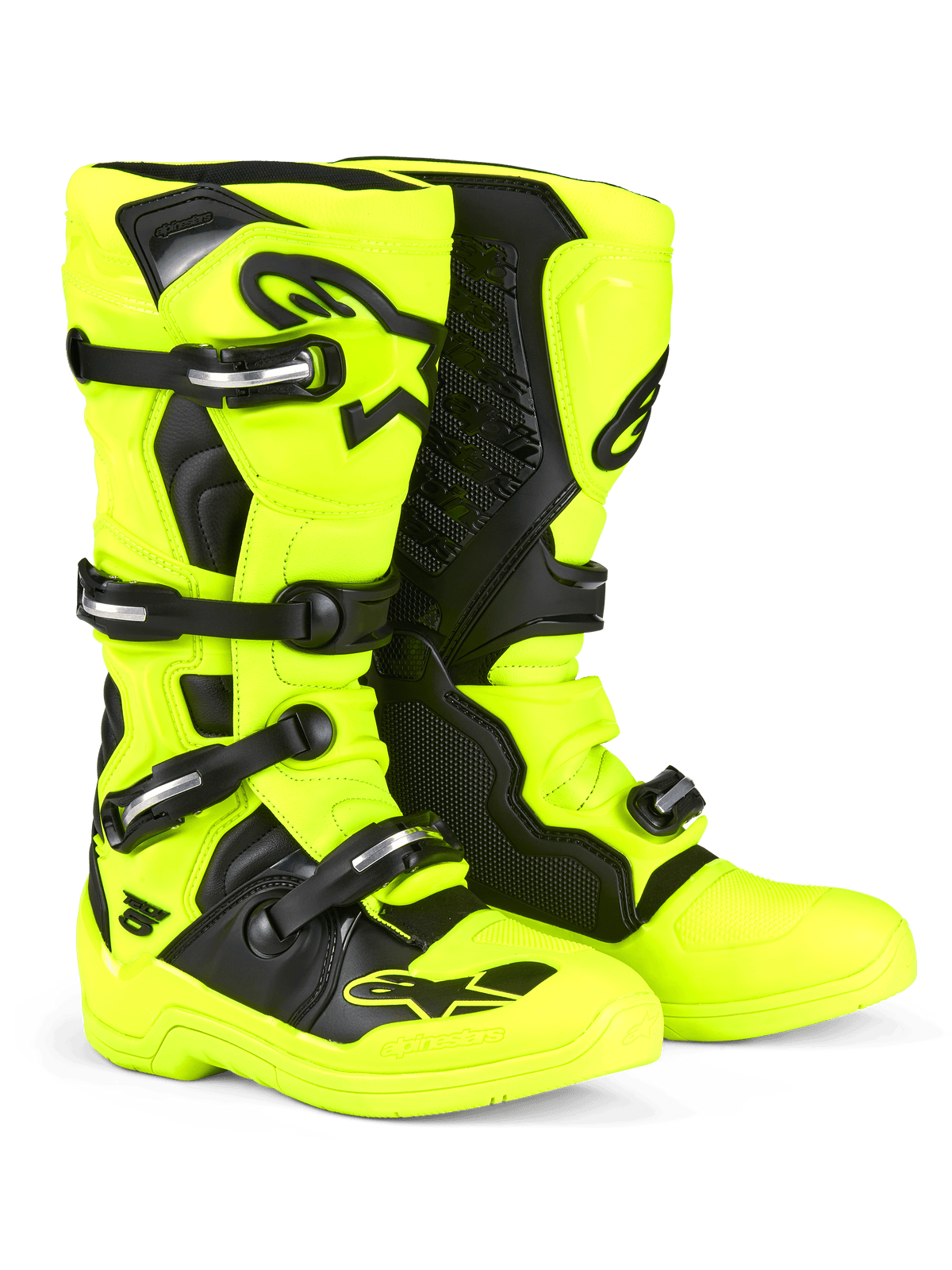 Alpinestars Tech 5 Stiefel, Motocross-Stiefel, Gelb Fluo und Schwarz, mit einem Mehrfach-Schnallen-Verschlusssystem mit silbernen Details, schwarzen Schutzpaneelen und markanten Alpinestars-Logos auf dem Schienbein und im Zehenbereich, konzipiert für Offroad-Performance.