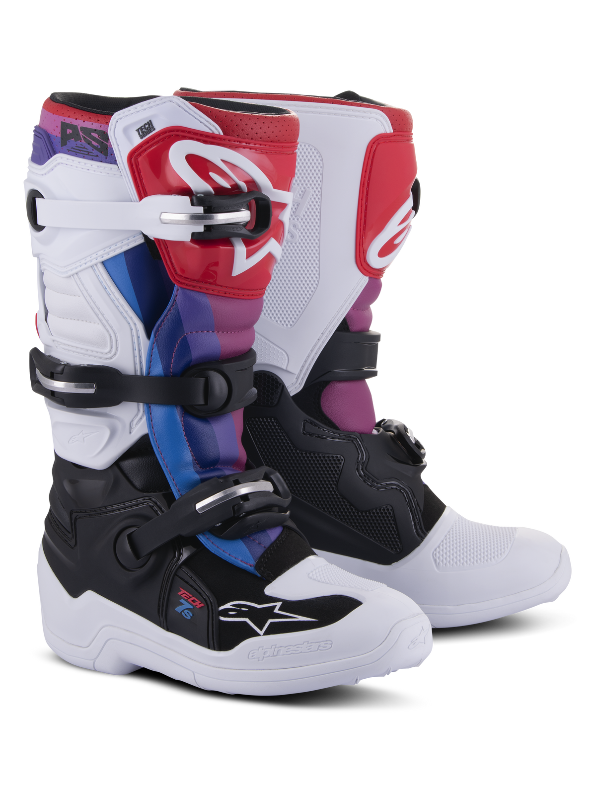 Alpinestars Youth Tech 7S Stiefel, Motocross-Stiefel, White Black Rainbow, mit weiß-schwarzer Basis sowie roten, blauen und lila Akzenten, Mehrfach-Schnallenverschluss-System und schützender Schienbeinplatte für Offroad-Rennen