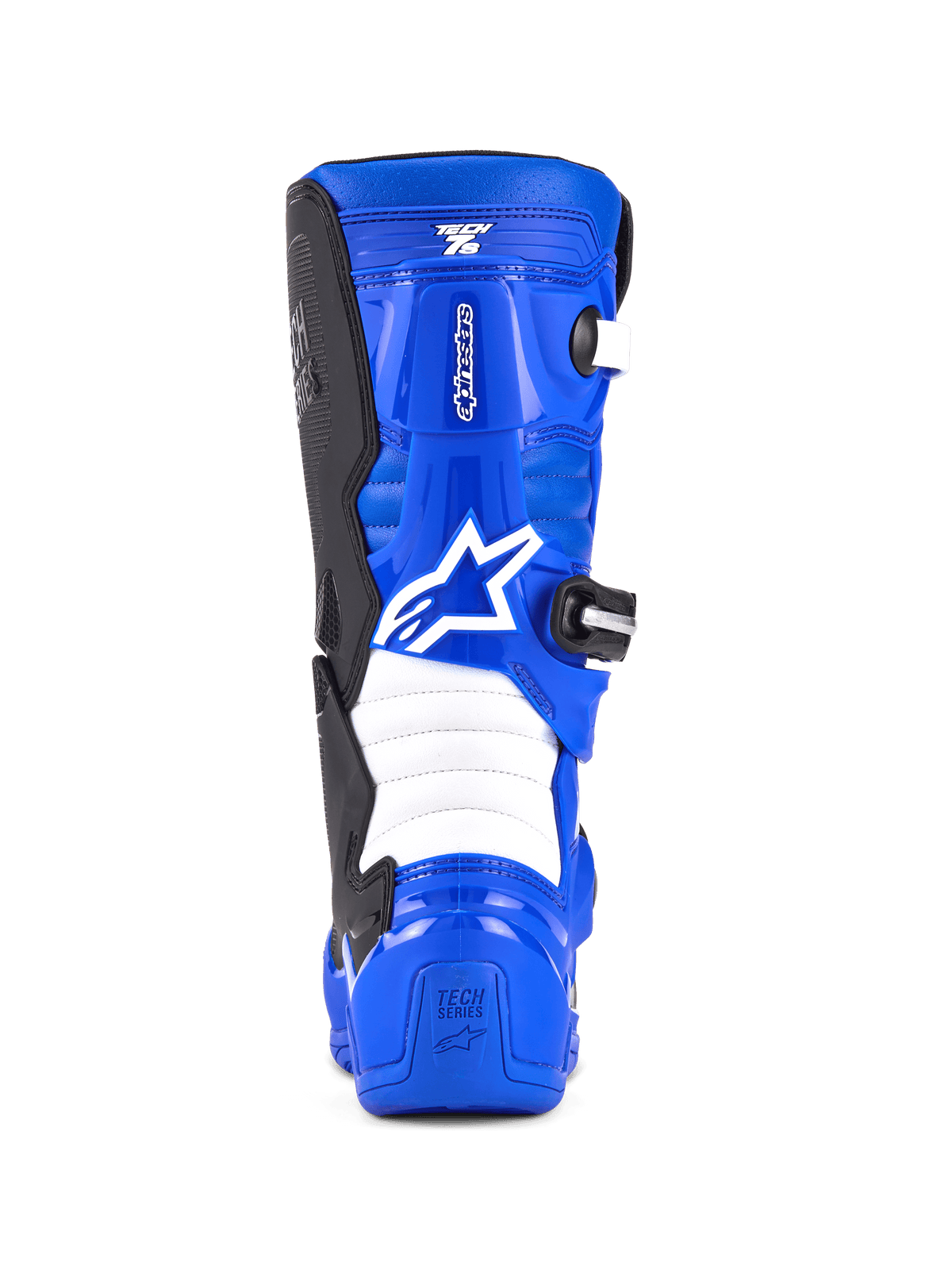 Alpinestars Youth Tech 7 S Stiefel, Motocross-Stiefel, Blau, Schwarz und Weiß, Rückansicht mit weißem Alpinestars-Logo, blaue TPU-Schale mit weißen Akkordeon-Flexzonen, schützendes Schuhwerk für jugendliche Offroad-Fahrer.
