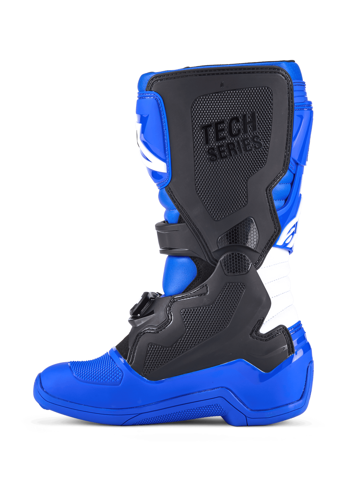 Alpinestars Youth Tech 7 S Stiefel, Motocross-Stiefel, Blau, Schwarz und Weiß, seitliche Außenansicht mit schwarzen TPU-Schutzpaneelen, 'TECH SERIES'-Branding auf der Schienbeinplatte, weißer Akkordeon-Flexzone und strapazierfähiger blauer Sohle für den Offroad-Rennsport.