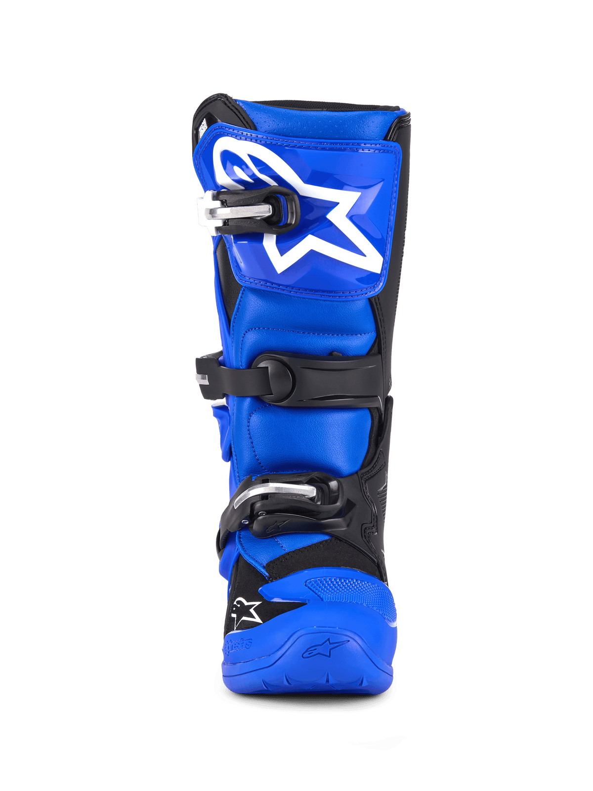 Alpinestars Youth Tech 7 S Stiefel, Motocross-Stiefel, Blau, Schwarz und Weiß, Vorderansicht mit dreifachem Schnallenverschluss, großes weißes Alpinestars-Logo auf der Schienbeinplatte, strapazierfähige blaue Sohle, hochperformante Schutzausrüstung für junge Fahrer