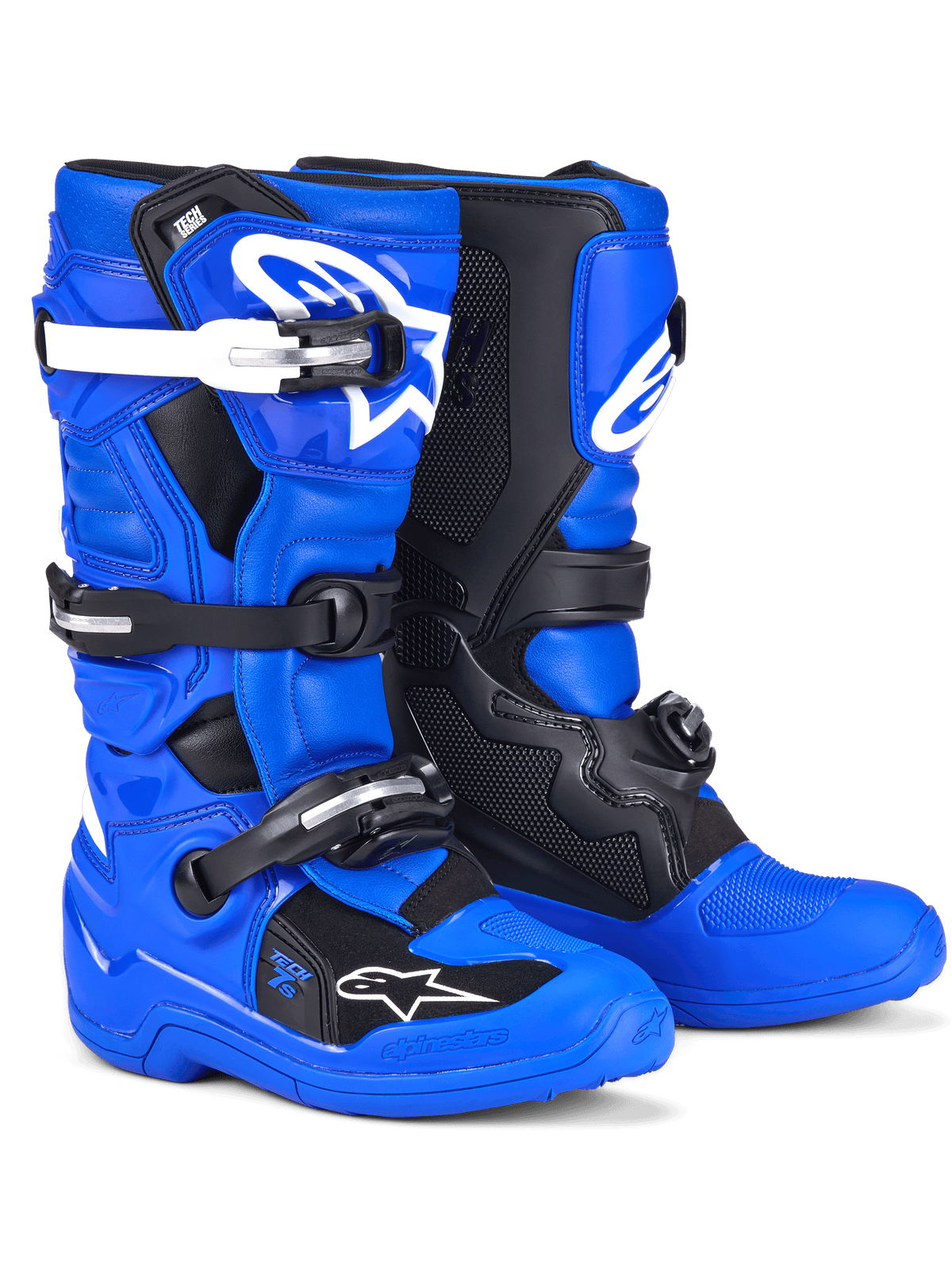 Alpinestars Youth Tech 7 S Stiefel, Motocross-Stiefel, Blau, Schwarz und Weiß, mit leuchtend blauem Obermaterial, schwarzen Schutzpaneelen und weißen Schnallenakzenten, Mehrfach-Schnallenverschlusssystem, strapazierfähiges Design nach Rennspezifikation für den Offroad-Einsatz