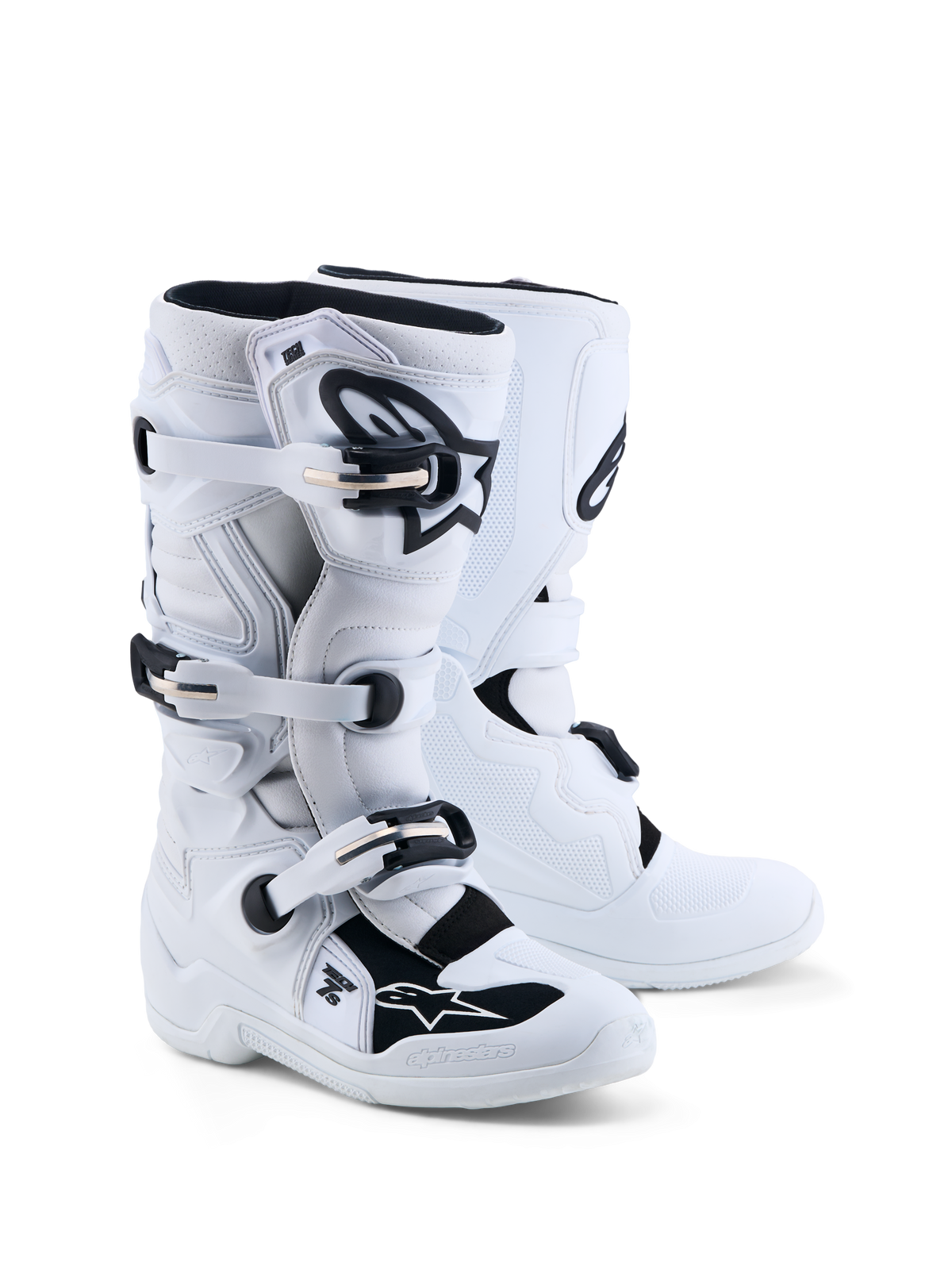 Alpinestars Tech 7S Jugend-Stiefel, Weiß und Schwarz, Motocross-Schutzausrüstung mit TPU-Platten und CE-Zertifizierung.