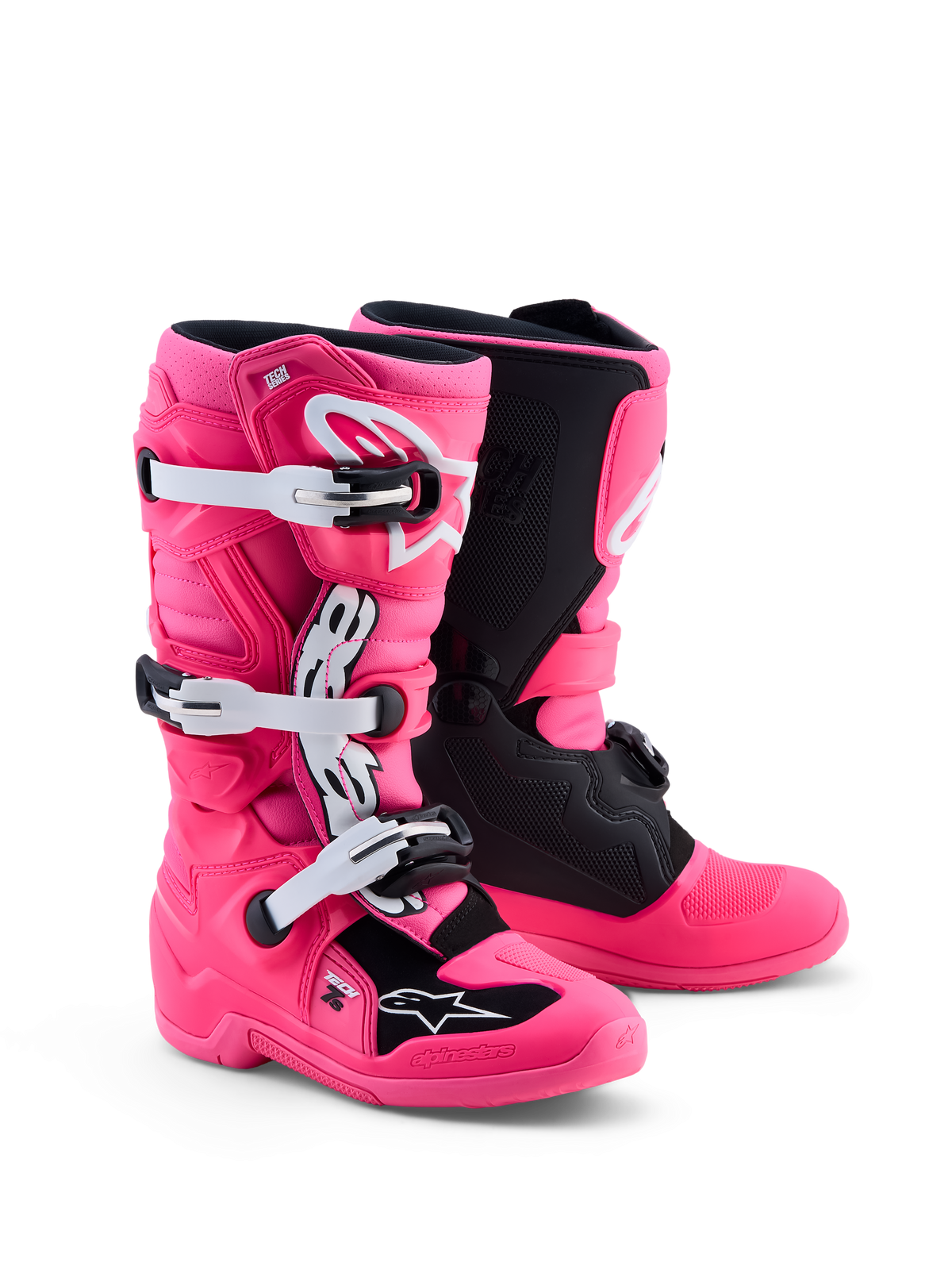 Alpinestars Tech 7S Jugend-Stiefel, Motocross-Stiefel in Pink Fluo und Schwarz, CE-zertifiziert mit TPU-Protektoren für junge Fahrer.