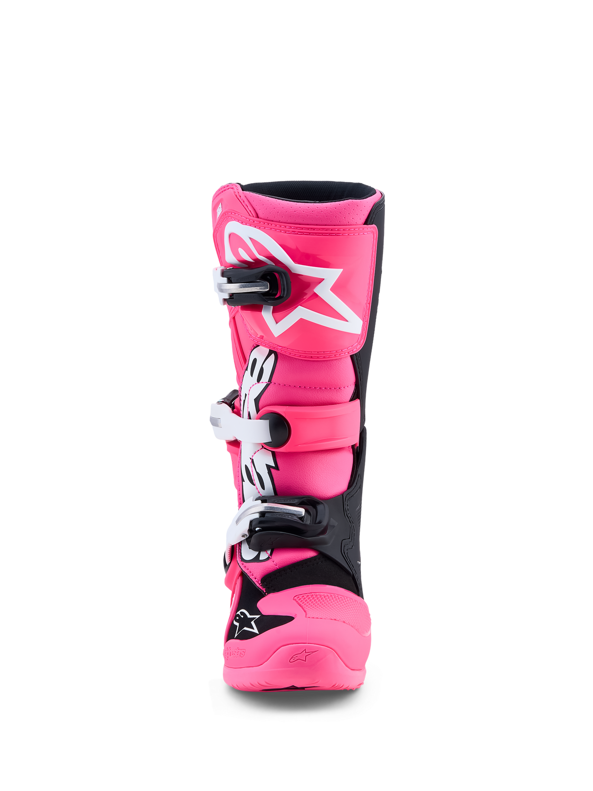 Alpinestars Tech 7S Jugend-Stiefel, Motocross-Stiefel in Pink Fluo und Schwarz, TPU-Schienbeinschutz und Schnellverschlüsse.