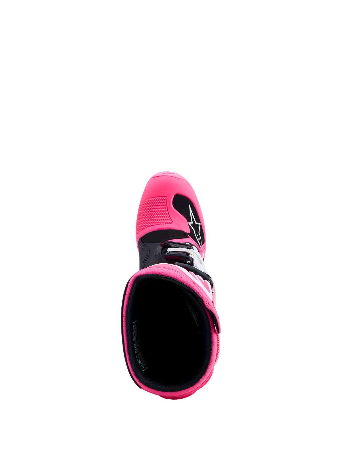 Alpinestars Tech 7S Jugend-Stiefel, Motocross-Stiefel für Offroad-Einsätze, Pink Fluo und Schwarz, Draufsicht mit Blick in die Stiefelöffnung und auf die TPU-Protektion, CE-zertifiziert
