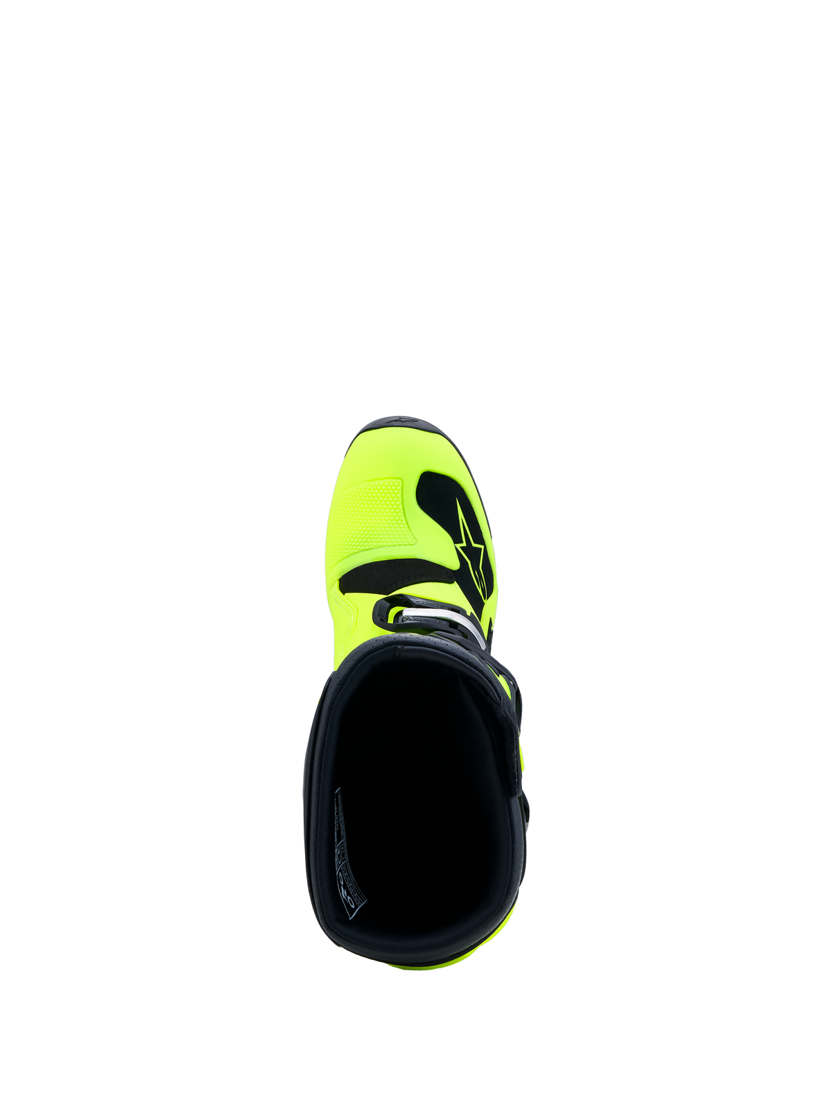 Alpinestars Tech 7S Jugend-Stiefel, Motocross-Stiefel in Gelb Fluo und Schwarz, Draufsicht auf den Innenkragen und die Zehenkappe.