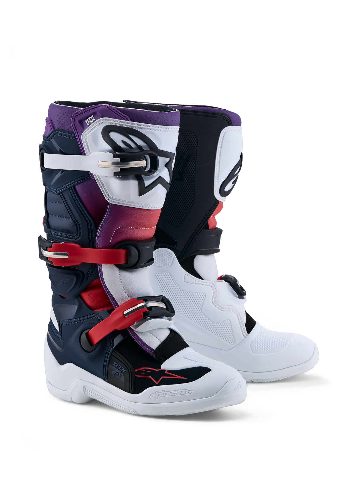Alpinestars Jugend Tech 7S Motocrossstiefel in Dunkelblau, Weiß und Schwarz mit CE-zertifiziertem TPU-Schutz.