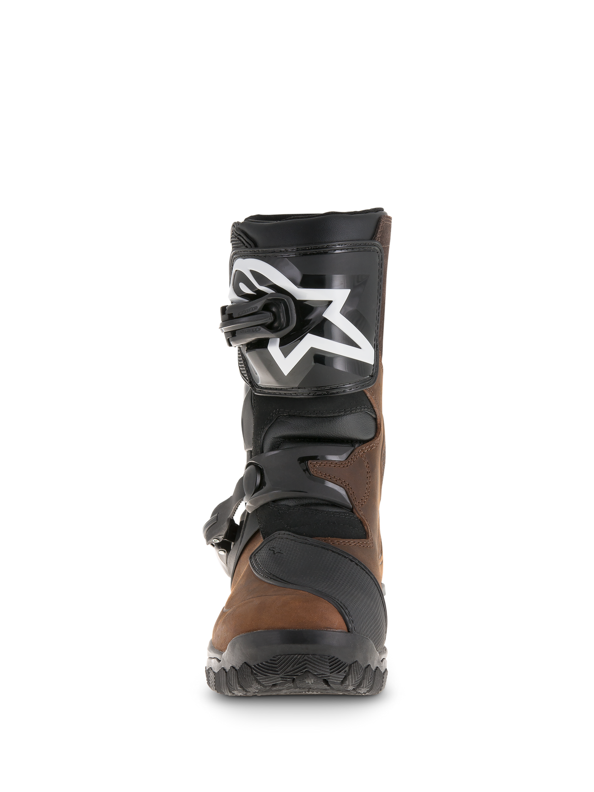 Alpinestars Belize Drystar® Stiefel, Adventure-Tourenstiefel, Braun (geölt) und Schwarz, Vorderansicht mit TPU-Schienbeinplatte und weißem Stern-Logo, dualem Schnallenverschlusssystem und robuster profilierter Sohle