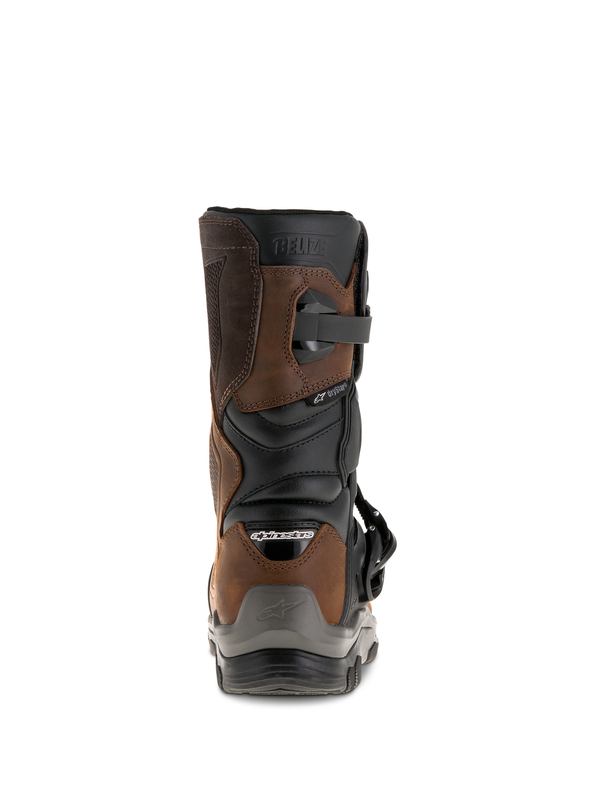 Alpinestars Belize Drystar® Stiefel, Rückansicht, Geöltes Braun und Schwarz, wasserdichte Adventure-Touring-Motorradstiefel mit kurzem Schaftdesign, geprägtem „BELIZE“-Logo und robustem Fersenschutz.