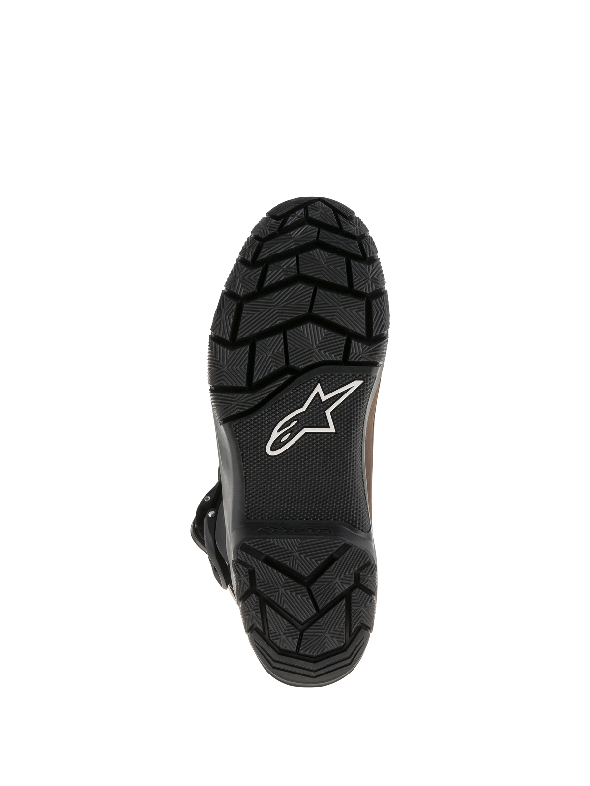 Alpinestars Belize Drystar® Stiefel, schwarze vulkanisierte Gummilaufsohle mit robustem, strukturiertem Profil, weißes Alpinestars-Sternlogo, strapazierfähiges Grip-Design für Adventure-Touring