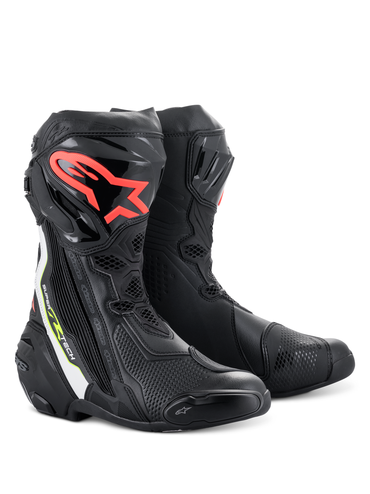 Alpinestars Supertech R Stiefel, Performance-Motorradrennstiefel, Schwarz mit rotem Alpinestars-Logo auf dem Schienbein, weiße und fluoreszierend gelbe Akzente, technische Mikrofaser-Konstruktion, schützende TPU-Schienbeinplatten