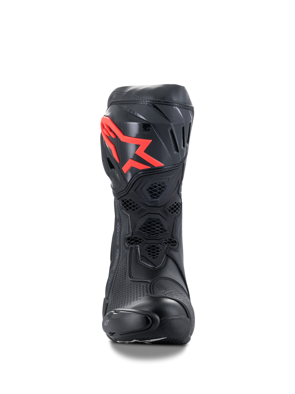 Alpinestars Supertech R Stiefel, Performance-Rennmotorradstiefel, Schwarz mit rotem Logo, Vorderansicht mit schützender TPU-Schienbeinplatte, Wabenmesh-Belüftung und aerodynamischem Renndesign