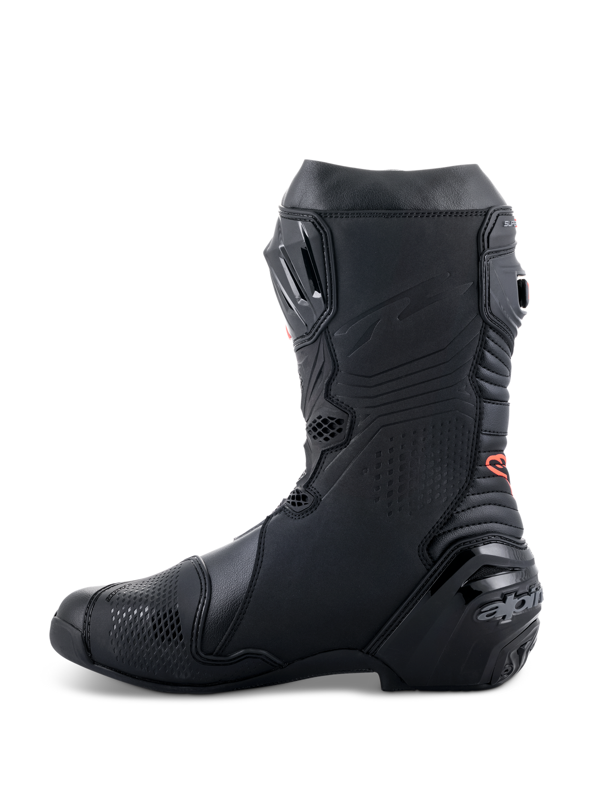 Alpinestars Supertech R Stiefel, Hochleistungs-Motorrad-Rennstiefel, elegantes, komplett schwarzes Design mit rotem Logo-Detail, Seitenprofil mit verstärkter Ferse und TPU-Schutzpaneelen