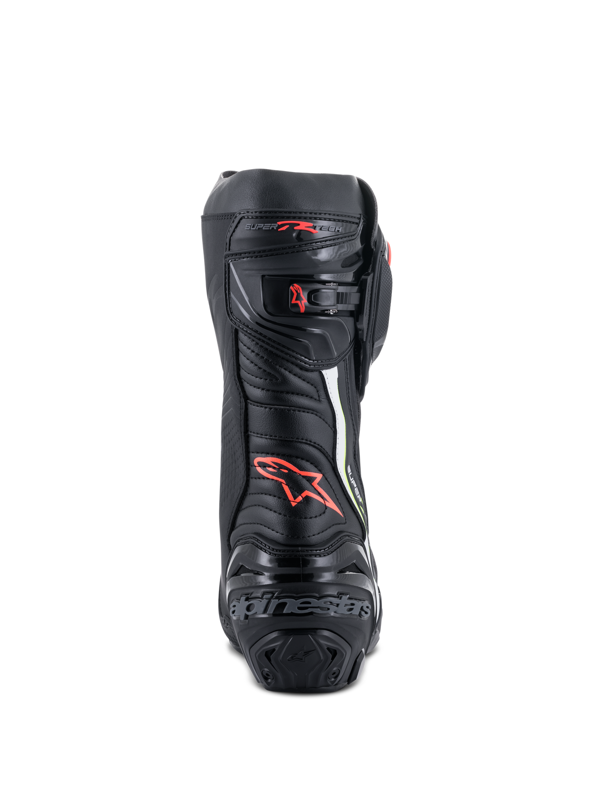 Alpinestars Supertech R Stiefel, Hochleistungs-Rennmotorradstiefel, Rückansicht in Schwarz mit roten und neongelben Akzenten, TPU-Fersenschutz, mikroverstellbarer Ratschenverschluss und charakteristisches Branding.
