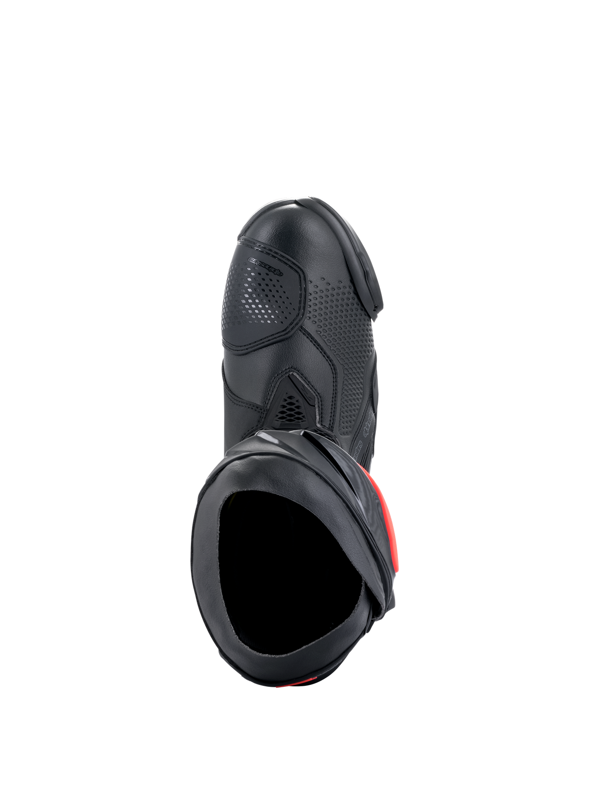 Alpinestars Supertech R Stiefel, Performance-Motorradrennstiefel, Schwarz mit roten Akzenten, Draufsicht mit Mikrofaser-Obermaterial, perforierter Textur, TPU-Schaltzone und sicherer Einstiegsöffnung