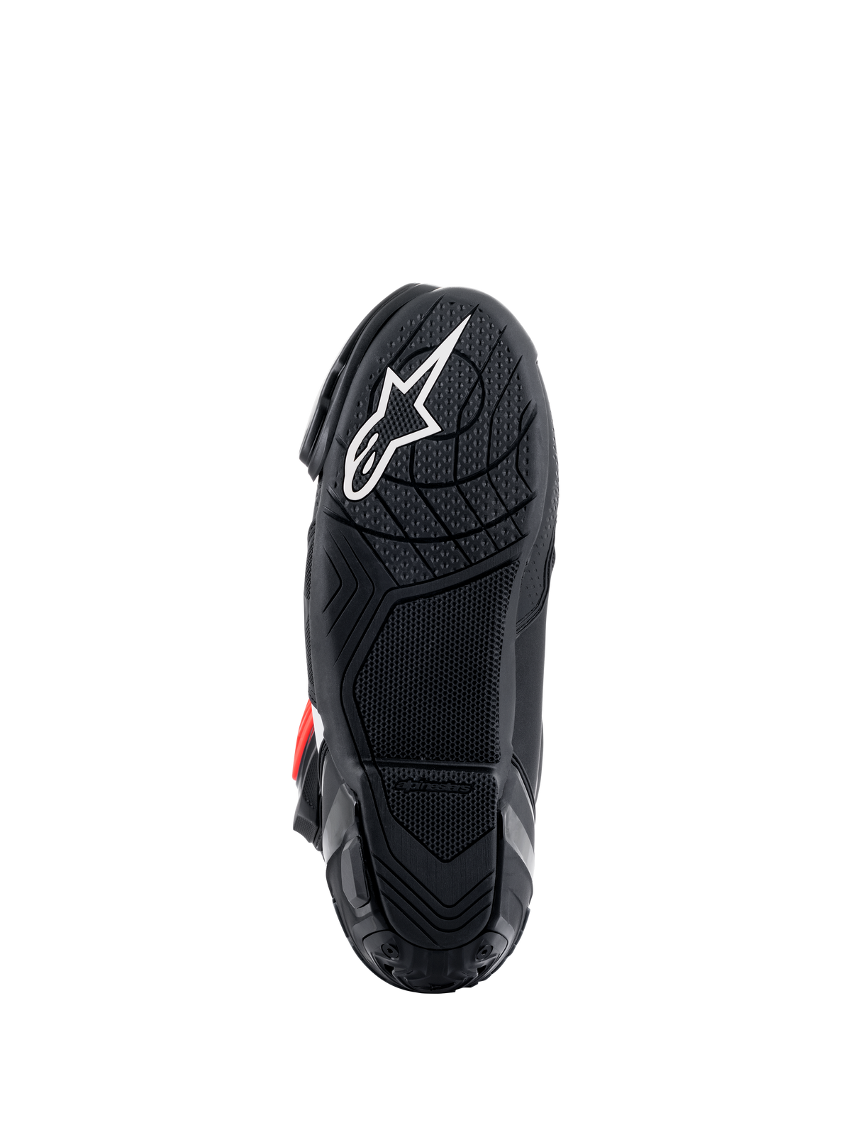 Alpinestars Supertech R Stiefel, Sohlenansicht, schwarze leichte Gummimischung mit texturiertem Profilmuster, weißes Alpinestars-Sternlogo, Hochleistungs-Motorradrennstiefel