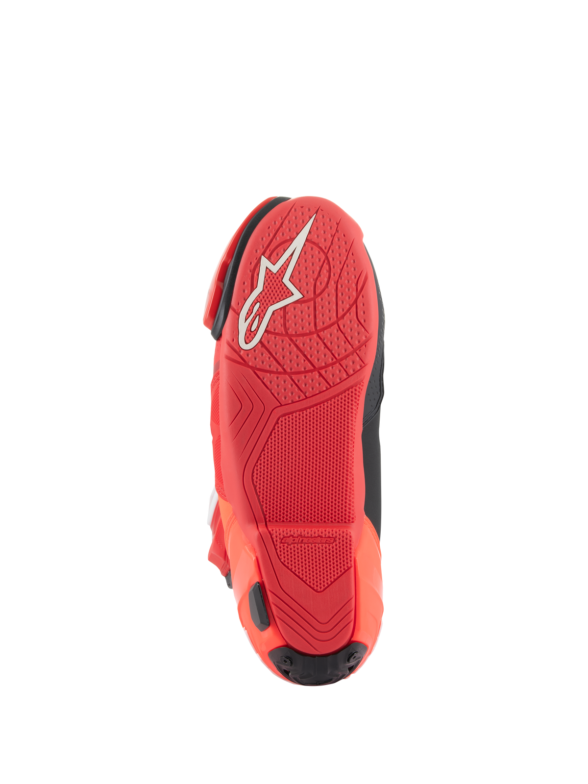 Alpinestars Supertech R Boots, Motorcycle Racing Boots, Bright Red Red Fluo, bottom sole view featuring textured grip pattern and white Alpinestars logo