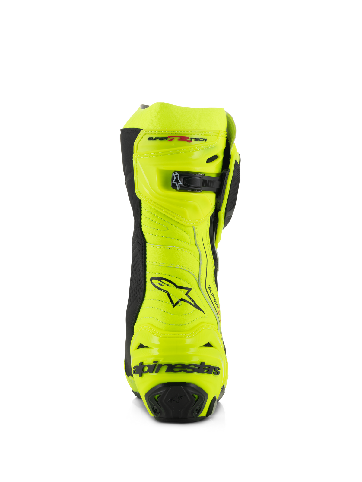 Alpinestars Supertech R Stiefel, Motorrad-Rennstiefel, Gelb Fluo und Schwarz, Rückansicht mit verstärktem Fersenschutz, verstellbarem Wadenverschluss und markantem Branding, hochsichtbares fluoreszierendes Finish für Performance auf Rennstrecke und Straße