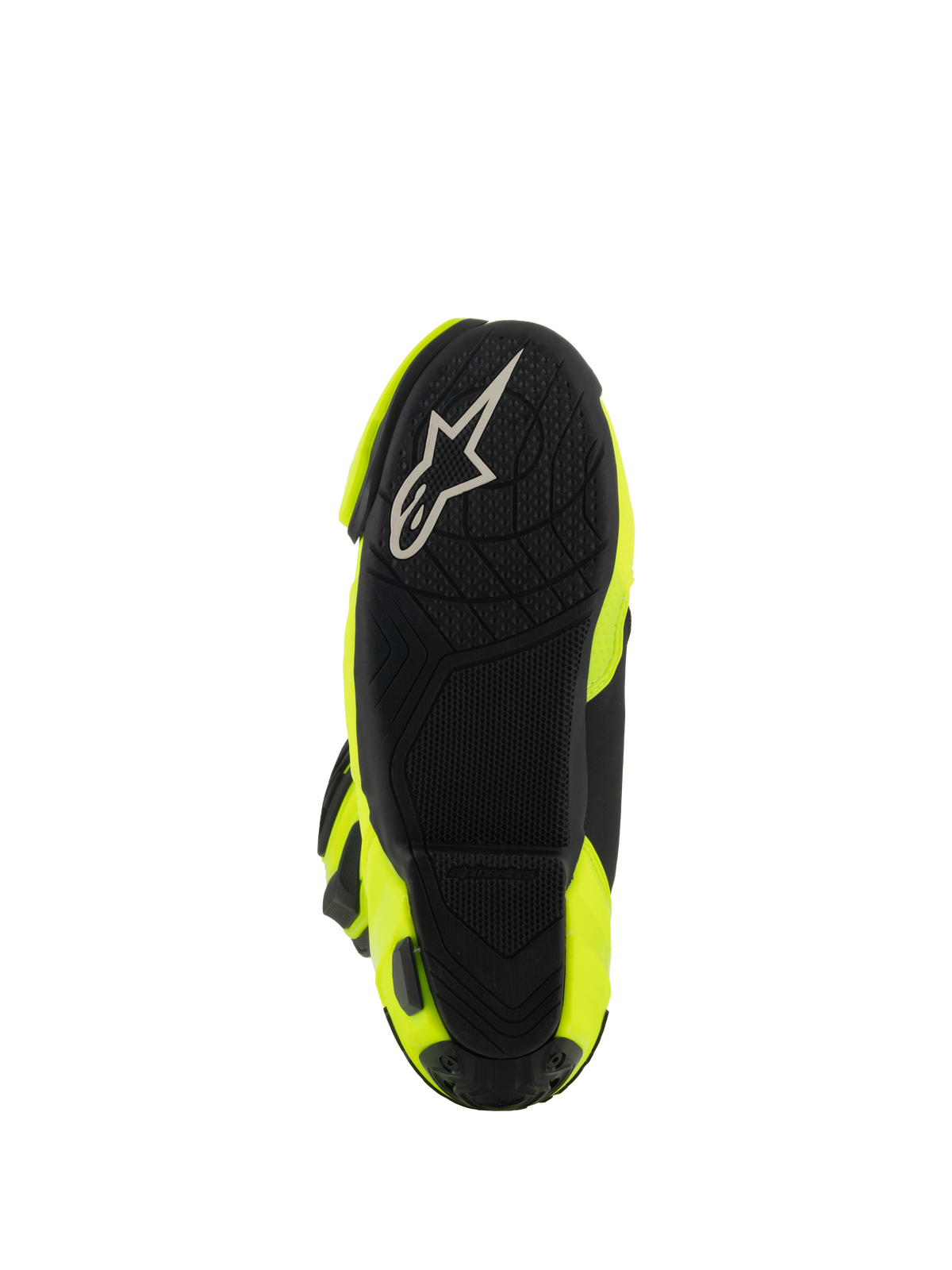 Alpinestars Supertech R Stiefel, Motorrad-Rennstiefel, Gelb Fluo Schwarz, Unteransicht mit schwarzer strukturierter Sohle, weißem Alpinestars-Logo und leuchtend gelben Seitenpaneelen