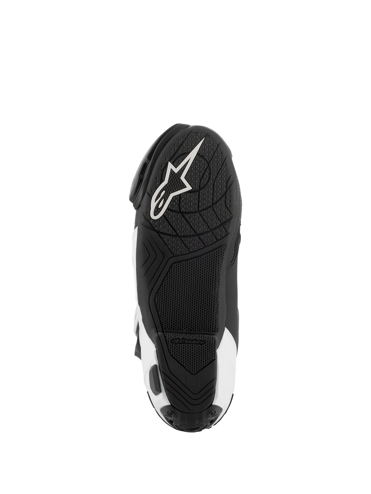 Alpinestars Supertech R Vented Boots, Motorcycle Racing Boots, Black and White, bottom view of the sole featuring a textured rubber grip and white Alpinestars logo