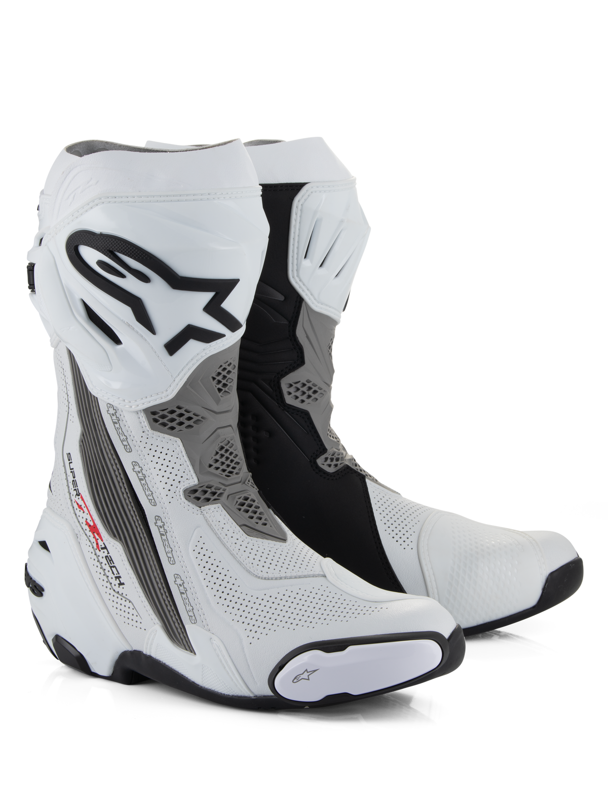 Alpinestars Supertech R Vented Stiefel, Racing-Motorradstiefel, Weiß, Mittelgrau und Schwarz, mit perforierter Mikrofaser-Konstruktion für Luftzirkulation, TPU-Schienbeinplatte mit Alpinestars-Logo und austauschbaren Schleifern, professionelles rennstreckentaugliches Design
