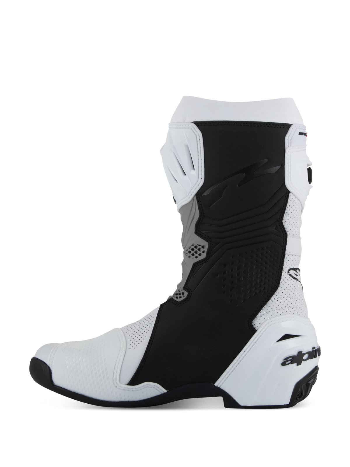 Alpinestars Supertech R Vented Stiefel, Rennsport-/Sport-Motorradstiefel, Weiß, Mittelgrau und Schwarz, Seitenansicht der medialen Seite mit perforierter Mikrofaser für Belüftung, schwarzen Grip-Schutzpaneelen und weißer TPU-Fersenschale mit Branding.