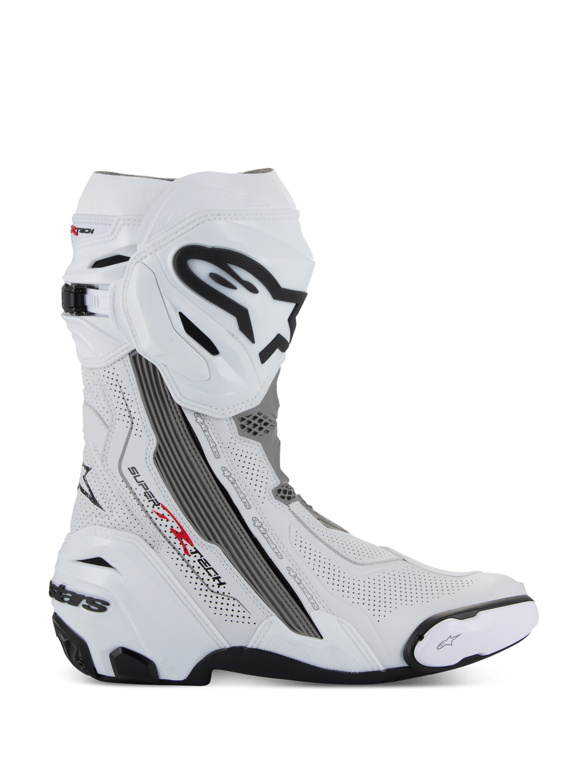 Alpinestars Supertech R Vented Stiefel, Motorradrennstiefel, Weiß mit mittelgrauen und schwarzen Akzenten, Seitenansicht mit perforierten Mikrofaser-Einsätzen für Luftzirkulation, großes schwarz-weißes Alpinestars-Logo am Schienbein, aerodynamisches Design mit austauschbaren Schleifern und schwarzer Gummisohle.
