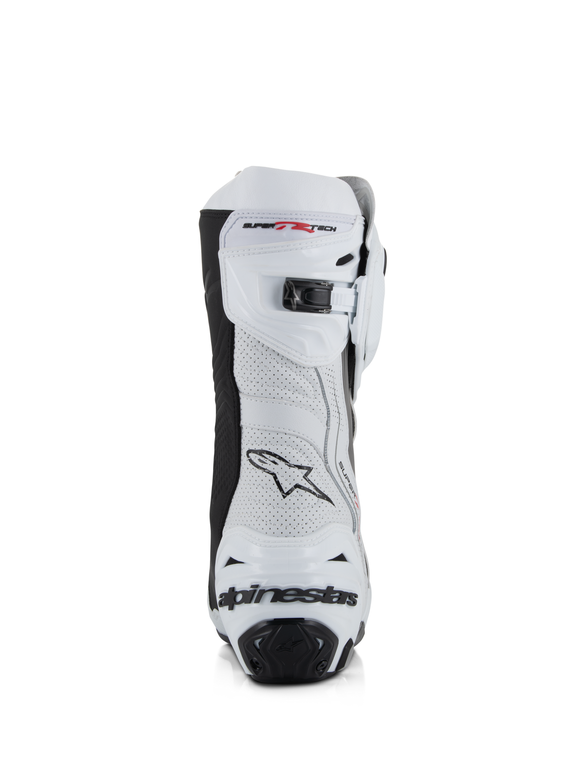 Alpinestars Supertech R Vented Stiefel, Weiß, Mittelgrau und Schwarz, Rückansicht mit perforiertem Mikrofaser-Obermaterial, mikroverstellbarem Ratschenverschluss oben und integriertem Fersenschutz mit Alpinestars-Logo