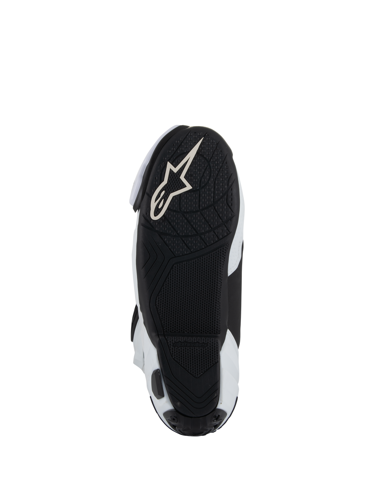 Sohle der Alpinestars Supertech R Vented Stiefel, schwarze leichte Gummiaußensohle mit profilierter Lauffläche für Grip auf den Fußrasten, mit weißem Alpinestars Astar-Logo, Farbkombination in Weiß und Schwarz
