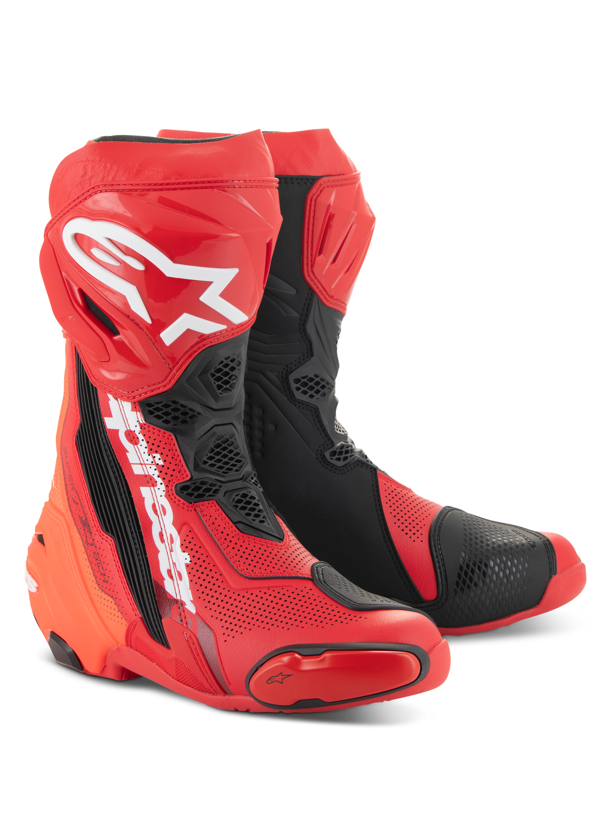 Alpinestars Supertech R Vented Stiefel, Hellrot und Schwarz, Hochleistungs-Racing-Motorradstiefel mit umfassender Perforation, weißem A-Star-Logo auf dem Schienbein und langlebigen TPU-Schutzpaneelen
