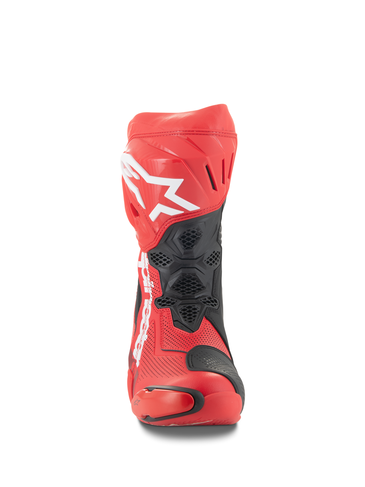 Alpinestars Supertech R Vented Boots, Front view, Bright Red and Red Fluo with black accents, featuring white Alpinestars logo on the shin, perforated microfiber construction for airflow, and protective TPU panels for racing