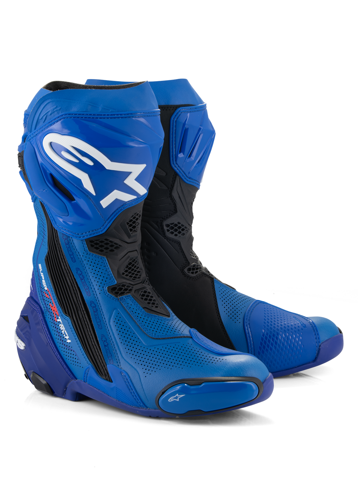 Alpinestars Supertech R Vented Stiefel, Motorrad-Rennstiefel, Blau und Schwarz, mit perforierter Mikrofaser für Belüftung, weißes Alpinestars-Logo auf dem Schienbein, schützende TPU-Platten und Schleifer, professionelles rennstreckentaugliches Design
