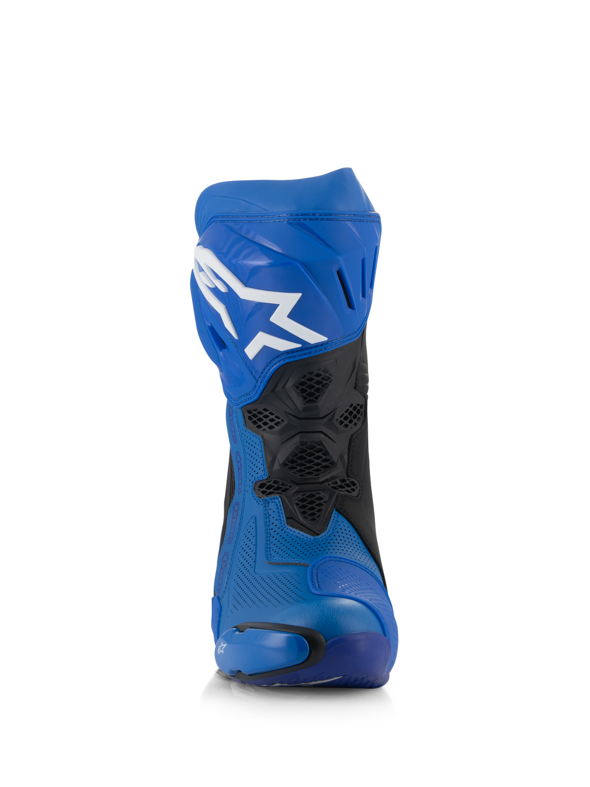 Alpinestars Supertech R Vented Stiefel, blau-schwarze Racing-Motorradstiefel, Vorderansicht, perforiertes Mikrofaser-Obermaterial, weißes Astar-Logo auf der Schienbeinplatte, belüftete Mesh-Einsätze und Schutzschleifer.