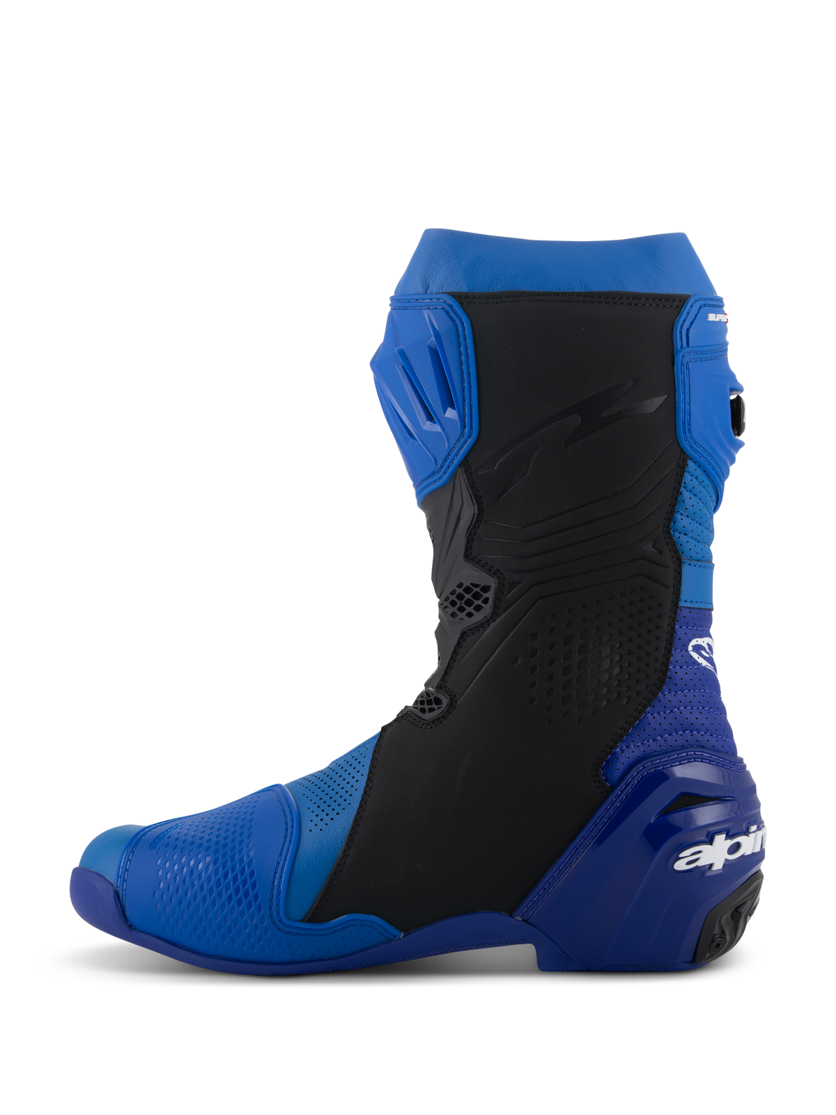 Alpinestars Supertech R Vented Stiefel, Blau und Schwarz, Seitenansicht, Hochleistungs-Rennmotorradstiefel mit perforierter Mikrofaser zur Belüftung, TPU-Schienbeinplatte und Alpinestars-Branding an der Ferse.