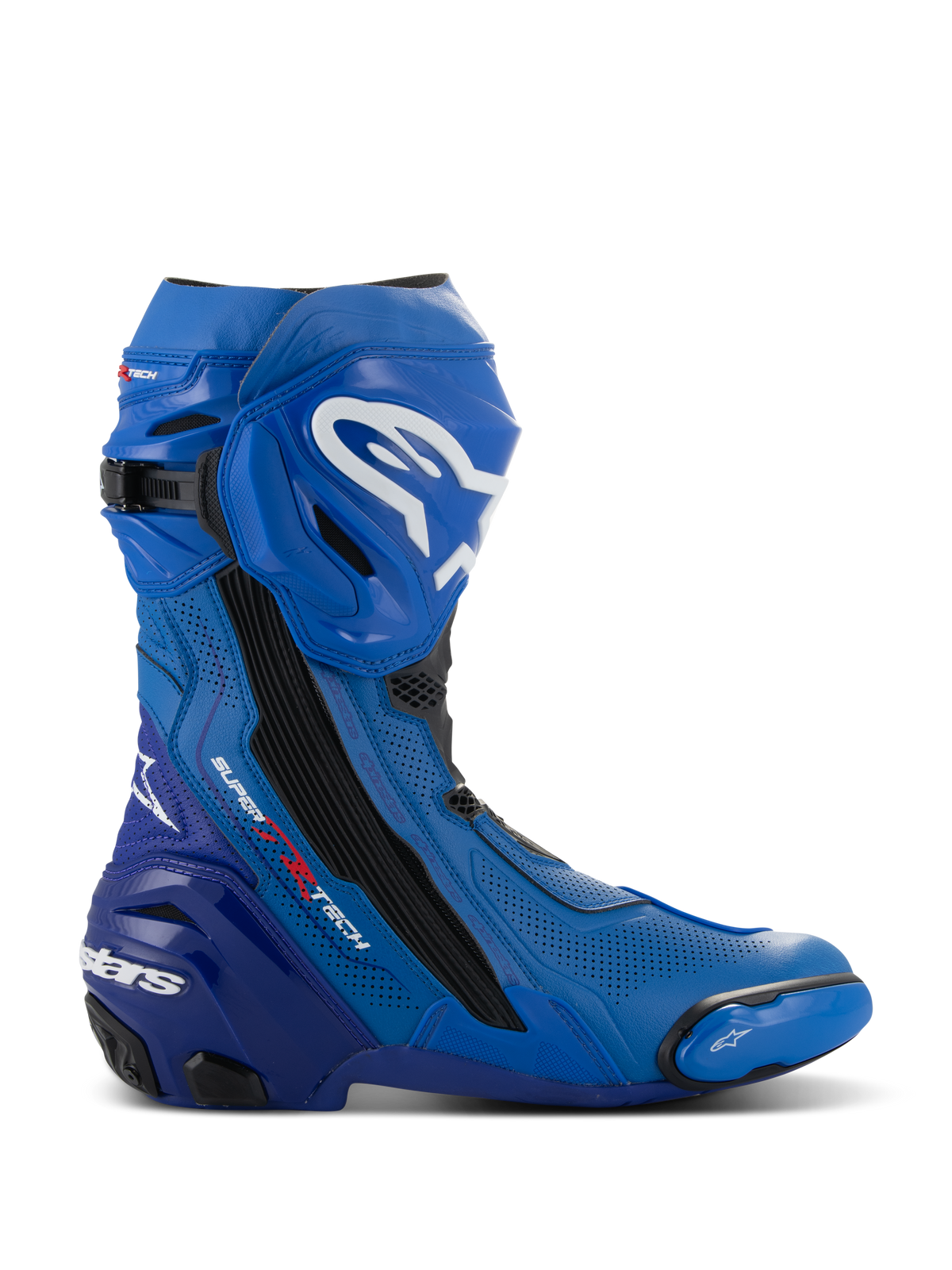 Alpinestars Supertech R Vented Stiefel, blau-schwarze Motorradrennstiefel, Seitenprofil mit weißen Logos, umfassende perforierte Belüftungszonen, verstärkte Ferse und austauschbarer Zehenschleifer.
