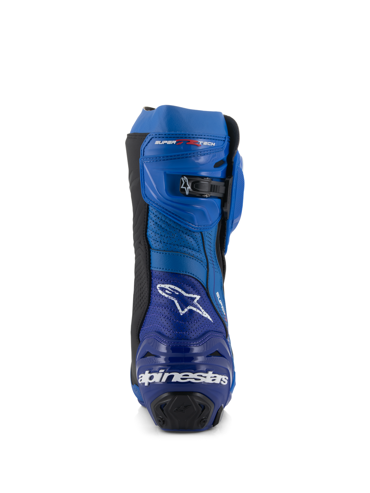 Alpinestars Supertech R Vented Stiefel, Racing-Motorradstiefel, Blau und Schwarz, Rückansicht mit Alpinestars-Logo und Schriftzug an der Ferse, perforierte Mikrofaser-Paneele, mikroverstellbarer Ratschenverschluss an der Oberseite.