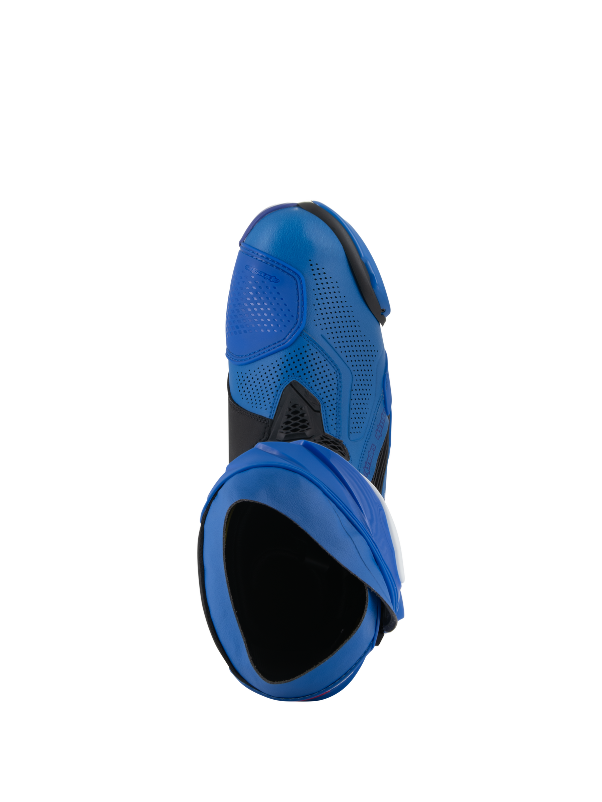 Alpinestars Supertech R Vented Boots, Rennsport-Motorradstiefel, Blau und Schwarz, Draufsicht zeigt den Einstieg und das perforierte Mikrofaser-Obermaterial, Hochleistungs-Motorsport-Schuhwerk mit belüftetem Design