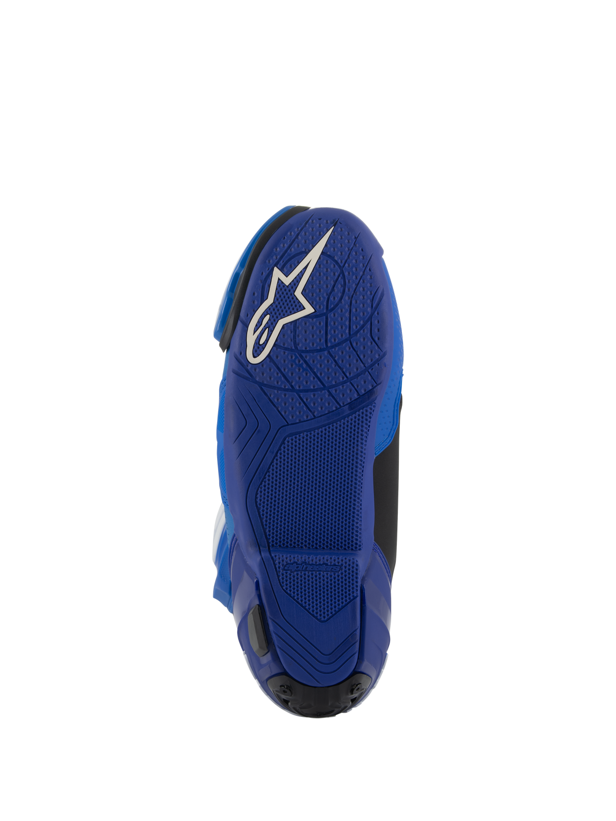 Alpinestars Supertech R Vented Stiefel, Blau und Schwarz, Unteransicht der blauen Gummisohle mit weißem Astars-Logo, mit strukturierten Griffflächen für die Kontrolle auf den Fußrasten, Hochleistungs-Motorradrennstiefel.