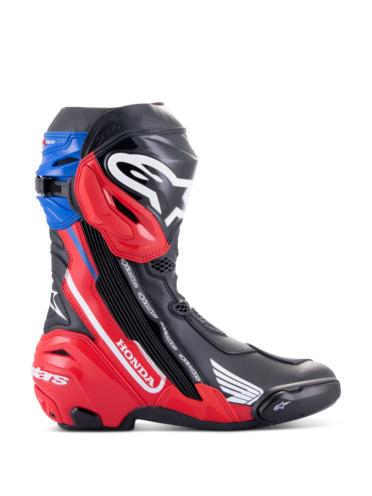 Alpinestars Honda Supertech R Boots, Racing Motorcycle Boots, Black Bright Red and Blue, features white Honda branding on red side panel, Alpinestars logo on shin, blue top gaiter, sleek aerodynamic design with advanced TPU protection