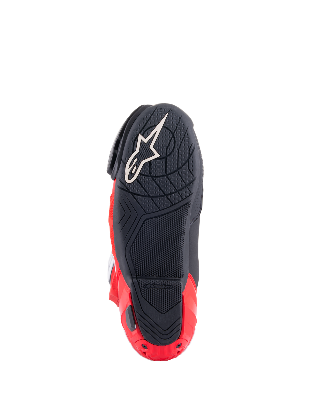 Alpinestars Honda Supertech R Boots, Sole View, Black and Bright Red, featuring a textured rubber compound for grip, white Astar logo on the forefoot, and red heel plate slider, high-performance racing motorcycle footwear.
