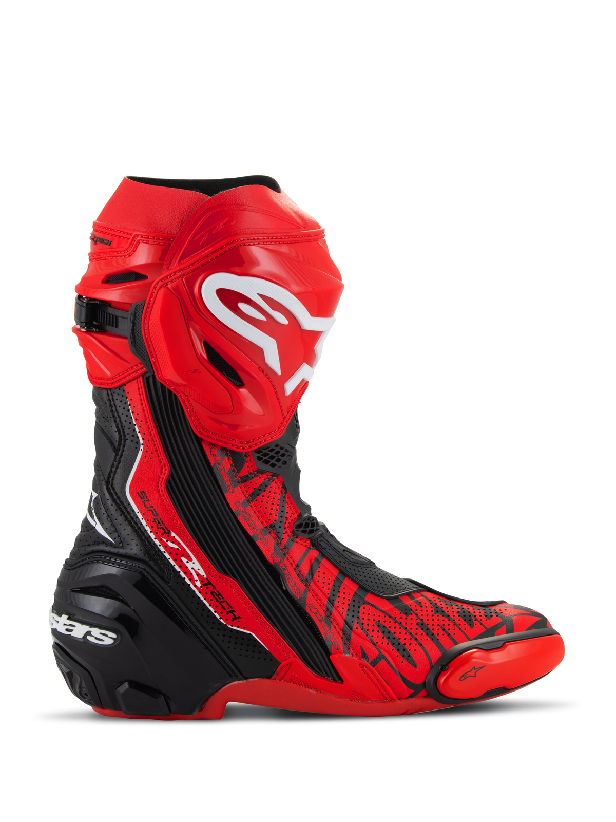 Alpinestars Supertech R LE Pecco Bagnaia Belüftete Stiefel, MotoGP-Rennstiefel, Rot mit schwarzen und weißen Akzenten, mit perforierter Mikrofaser-Konstruktion für optimale Belüftung, roter TPU-Schienbeinplatte mit weißem Logo, schwarzer verstärkter Ferse und austauschbaren Zehenschleifern, professionelles rennstreckenorientiertes Design