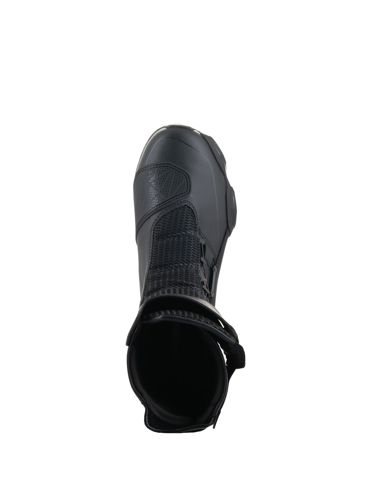 Alpinestars SP-X BOA® Boots, Black, top-down view looking into the ankle opening, featuring Rideknit® mesh and the side-mounted BOA® Fit System, sleek mid-height sport motorcycle boot