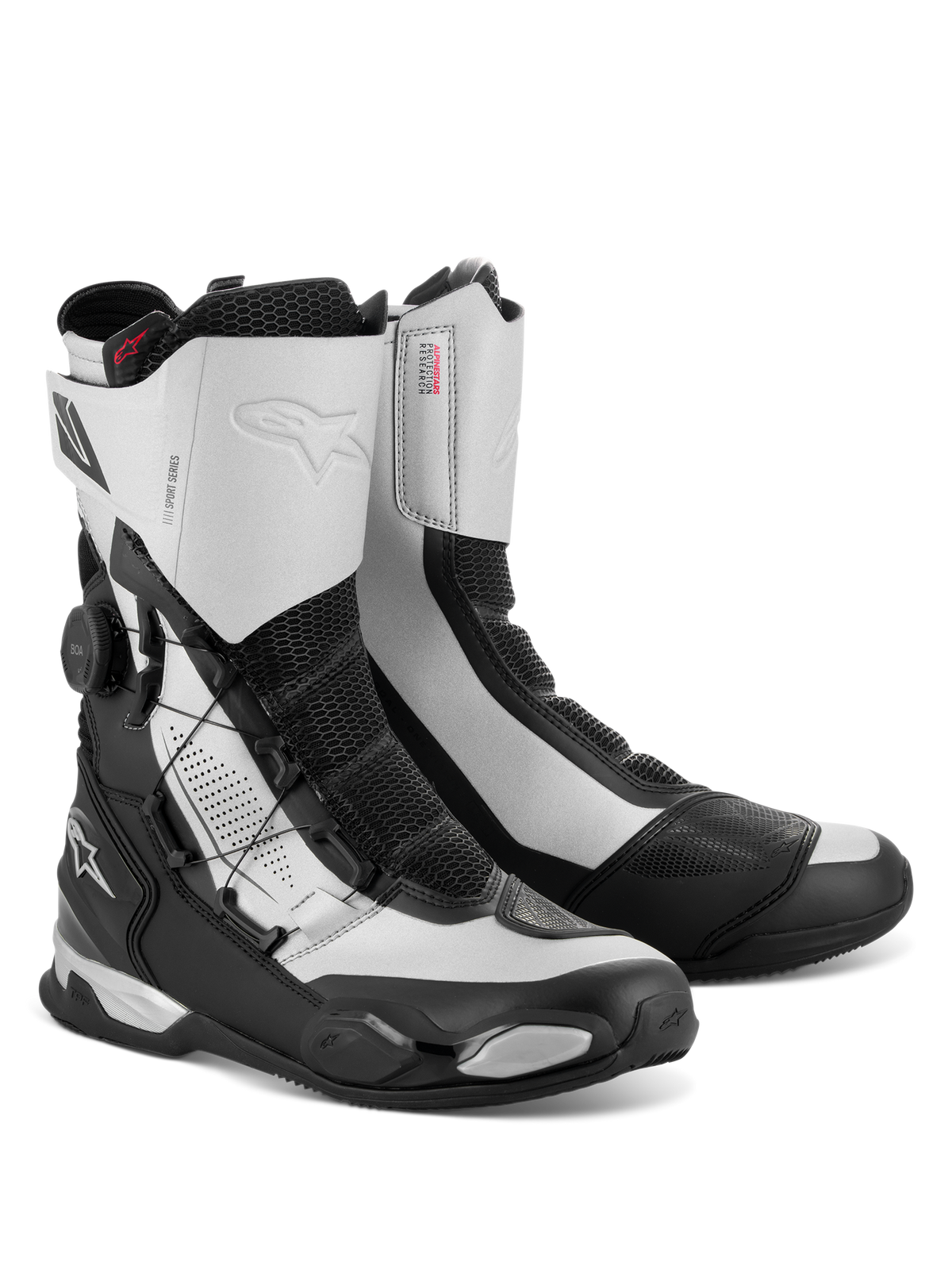 Alpinestars SP-X BOA Stiefel, mittelhohe Motorrad-Sport-Tourenstiefel, Schwarz und Silber, mit seitlichem BOA Fit System Drehverschluss, Rideknit-Mesh-Einsätzen und TPU-Fersen- und Zehenschutz, elegantes sportliches Design mit Alpinestars-Logos