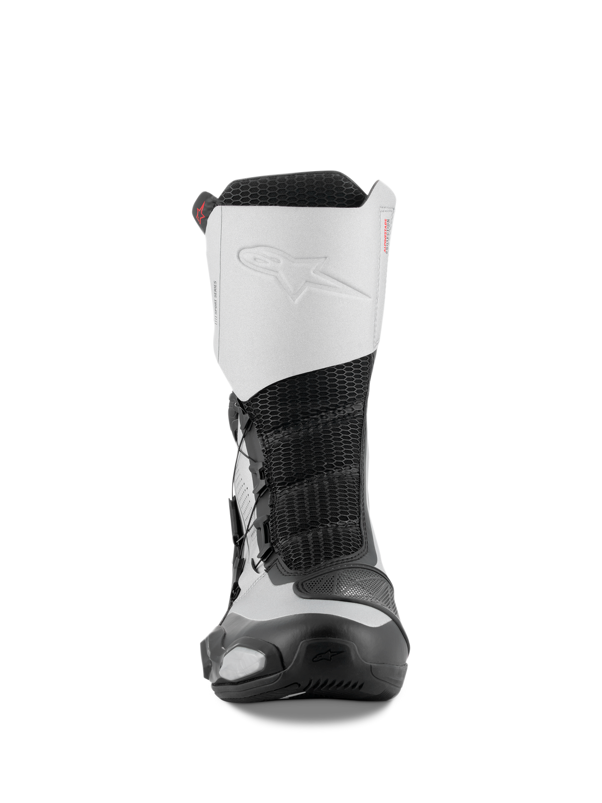 Alpinestars SP-X BOA Stiefel, Vorderansicht, Schwarz und Silber, mittelhohe Sport-Motorradstiefel mit weißem Mikrofaser-Obermaterial, geprägtem Logo, schwarzem Mesh-Mittelteil und schützenden TPU-Komponenten